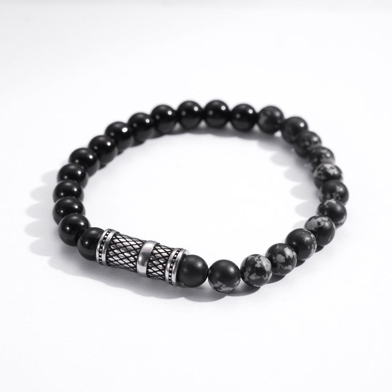 Men's Black Onyx Bead Bracelet with Stainless Steel Accent