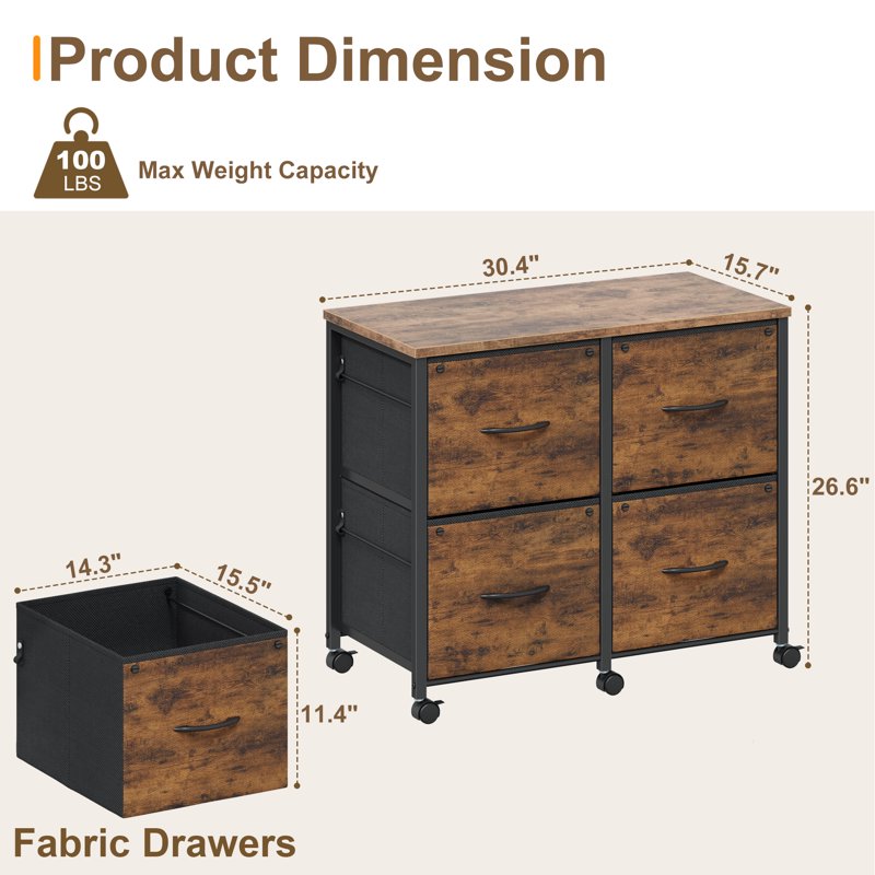 4-Drawer Rolling File Cabinet with Locking Wheels and Printer Stand for Home Office