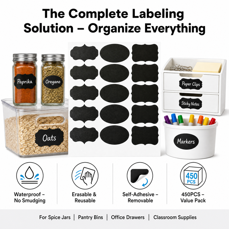 Waterproof Chalkboard Labels 450pcs - Reusable Self-Adhesive Kitchen & Pantry Stickers