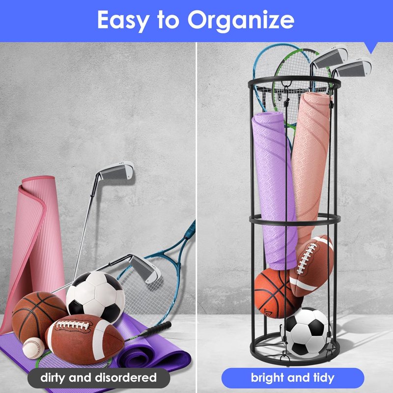 Wall-Mounted Ball Storage Rack for Basketball, Soccer, Volleyball, Football Organizer