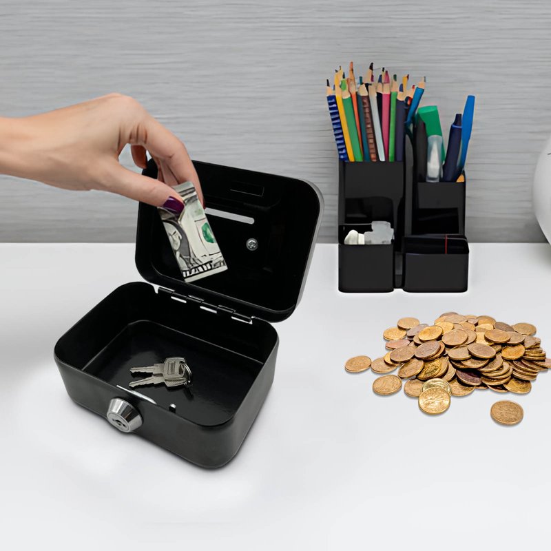 Small Metal Cash Box with Lock for Coins & Kids Toys, Secure Organizer