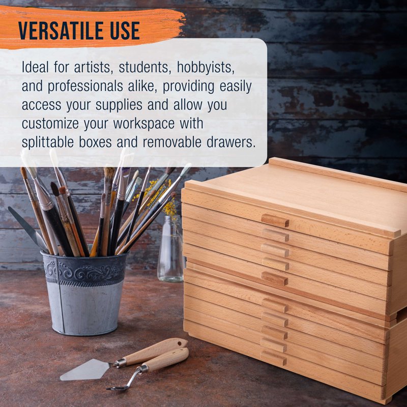 Art Supply Storage Box with 10 Stackable Elm Hardwood Drawers for Pastels Pens & Pencils