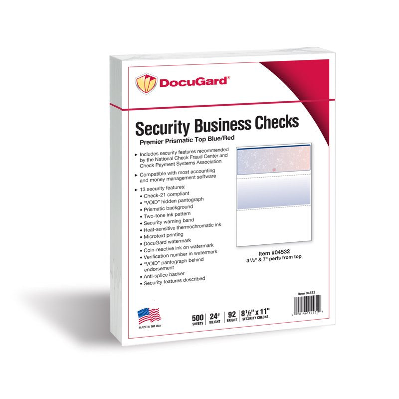 Business Checks - Blue/Red Prismatic Top Check Stock 8.5 x 11 Inches, 500 Sheets