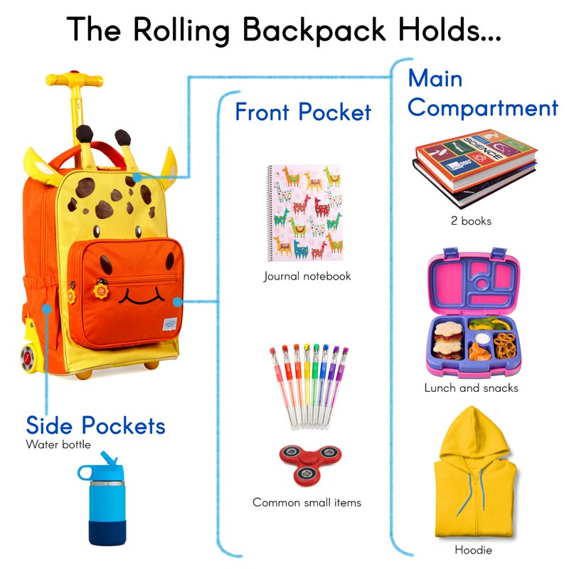 Kids Rolling Backpack with Convertible Shoulder Straps and Large Main Compartment - Giraffe Pattern