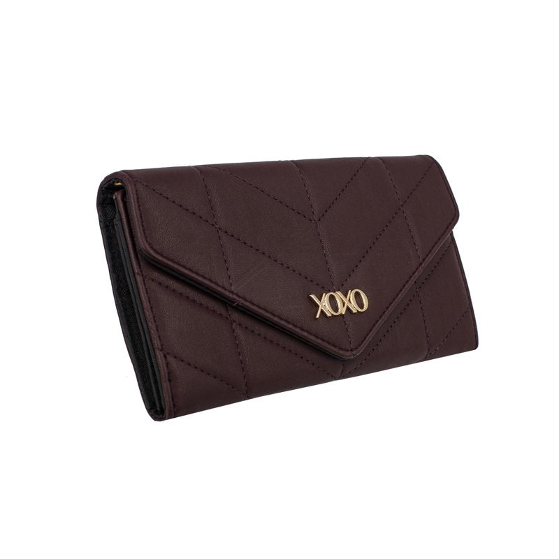 Women's Vegan Leather Quilted Fold Wallet with Crossbody Chain - Wine