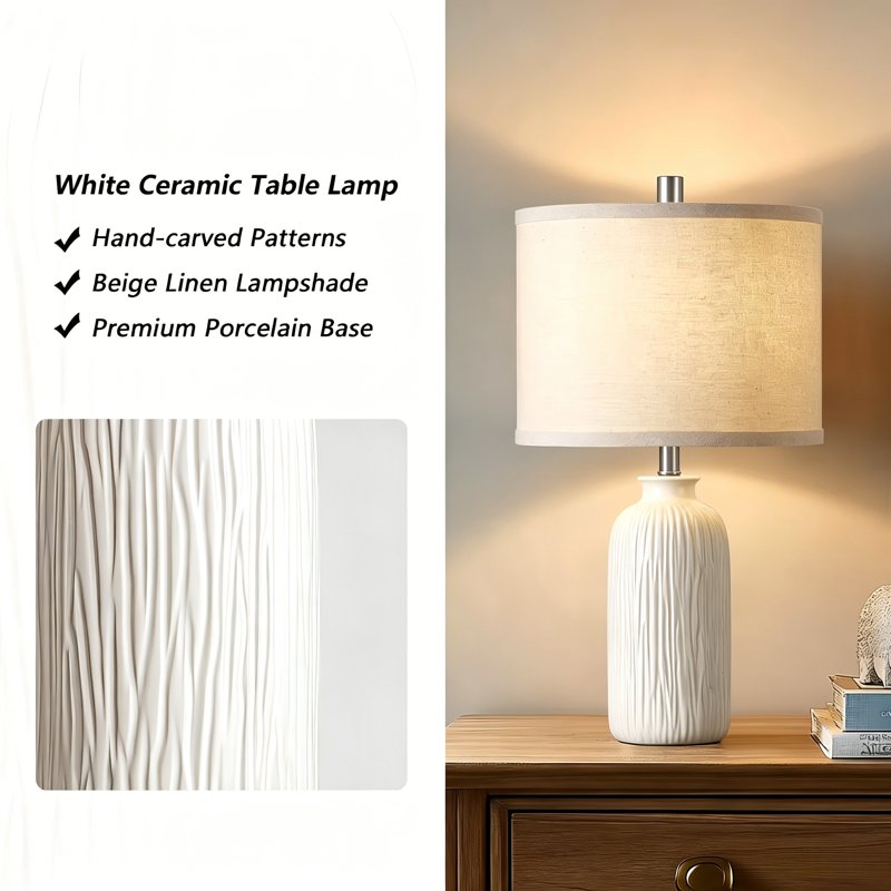 Set of 2 Modern White Ceramic Table Lamps for Bedroom Living Room Office