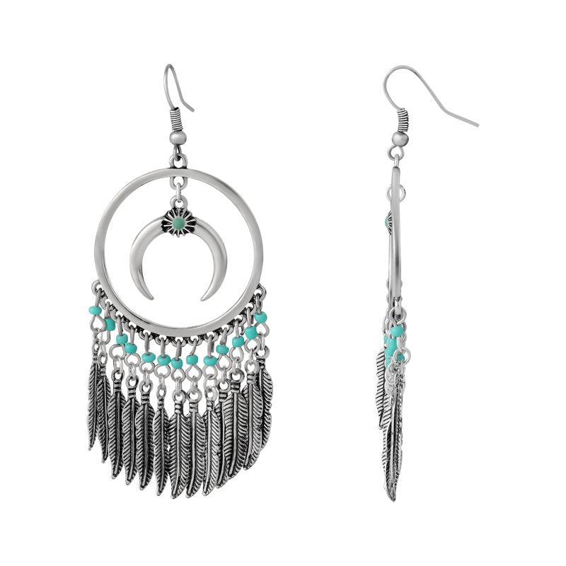 Women's Faux Turquoise Circle Feather Earrings - Boho Statement Jewelry