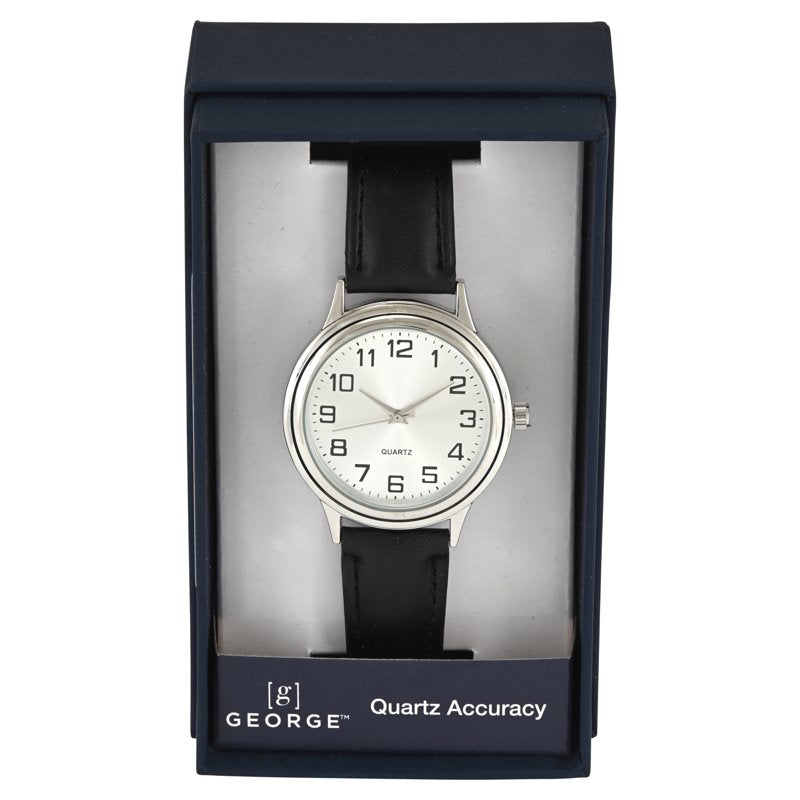 George Men's Silver Case with Black Faux Leather Strap Watch
