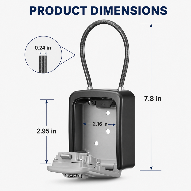Portable 4-Digit Combination Key Lock Box with Removable Cable, Wall Mount & Hanging Options