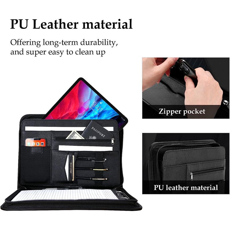 Leather Portfolio Binder with Zipper Notepad and Tablet Sleeve - Business Organizer