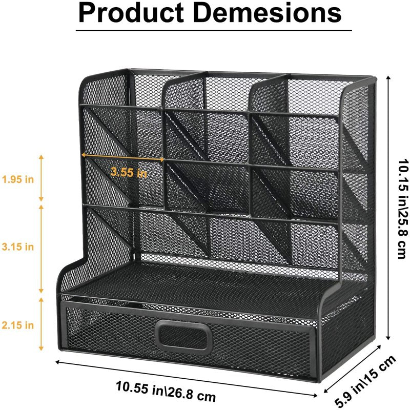 Mesh Desk Organizer with Drawer - Multi-Functional Pen Holder & Storage Rack