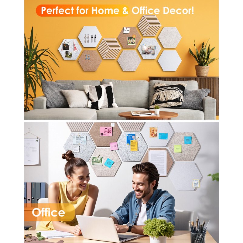 Hexagon Cork Boards for Walls - 10 Pack with 50 Pins for Office & Home Decor