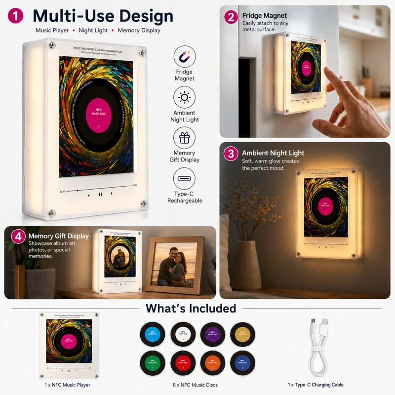 Magnetic NFC Music Player for Refrigerator - Custom Song Storage with LED Light