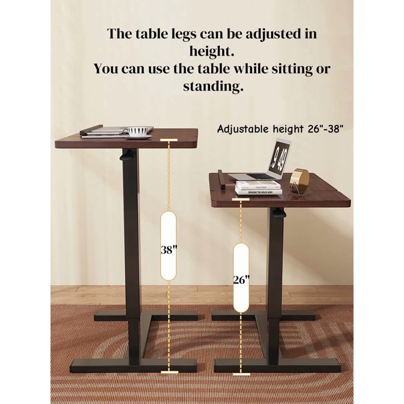 Overbed Table Folding Laptop Desk with Wheels - Walnut & Black, Height Adjustable, Tilting Bedside Table