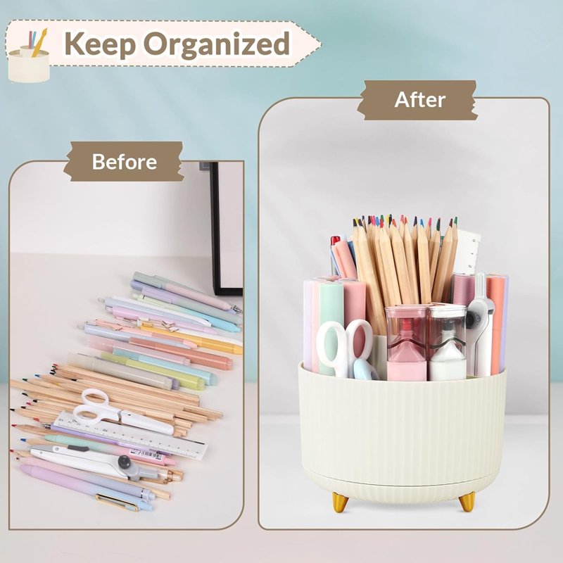 Rotating Desk Pen Organizer with 5 Slots - Space-Saving Art & Office Supply Holder