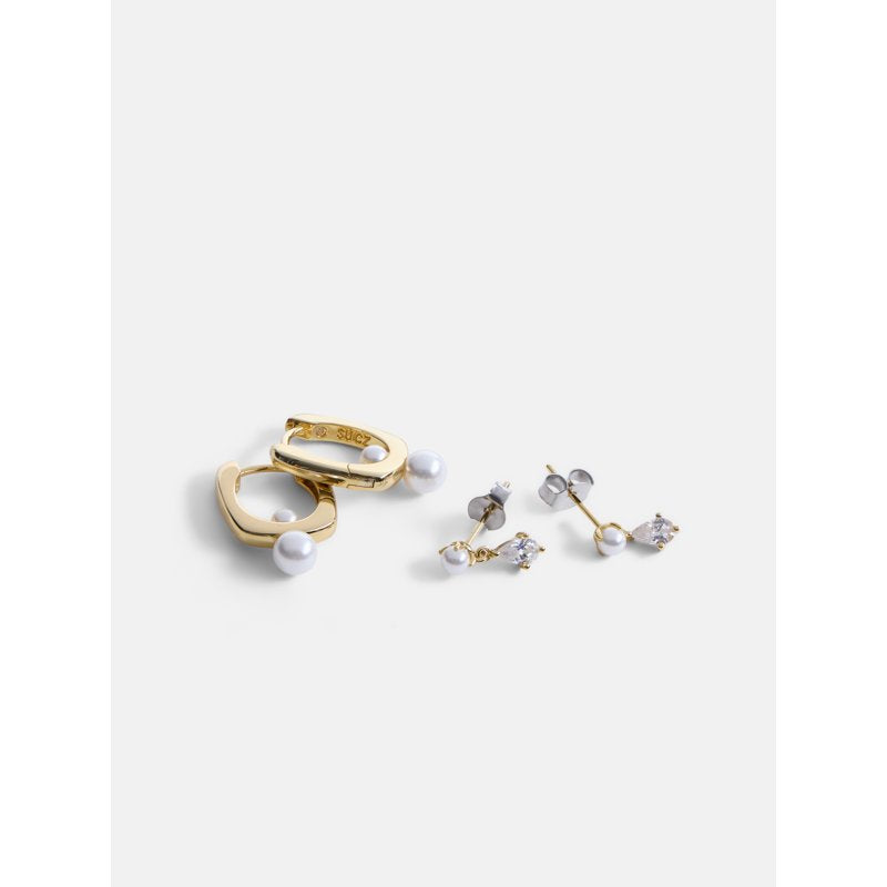 Women's 14K Gold Plated Cubic Zirconia Pearl Earring Set - Elegant 2-Pair Jewelry