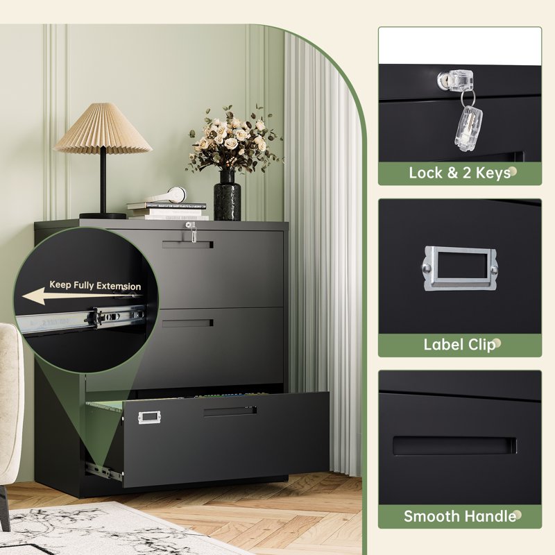 Lockable Metal Lateral File Cabinet with 3 Drawers for Office & Home
