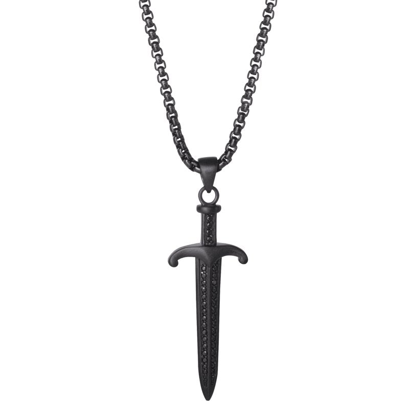Women's Black Plated Stainless Steel Dagger Pendant Necklace 22 Inch Chain