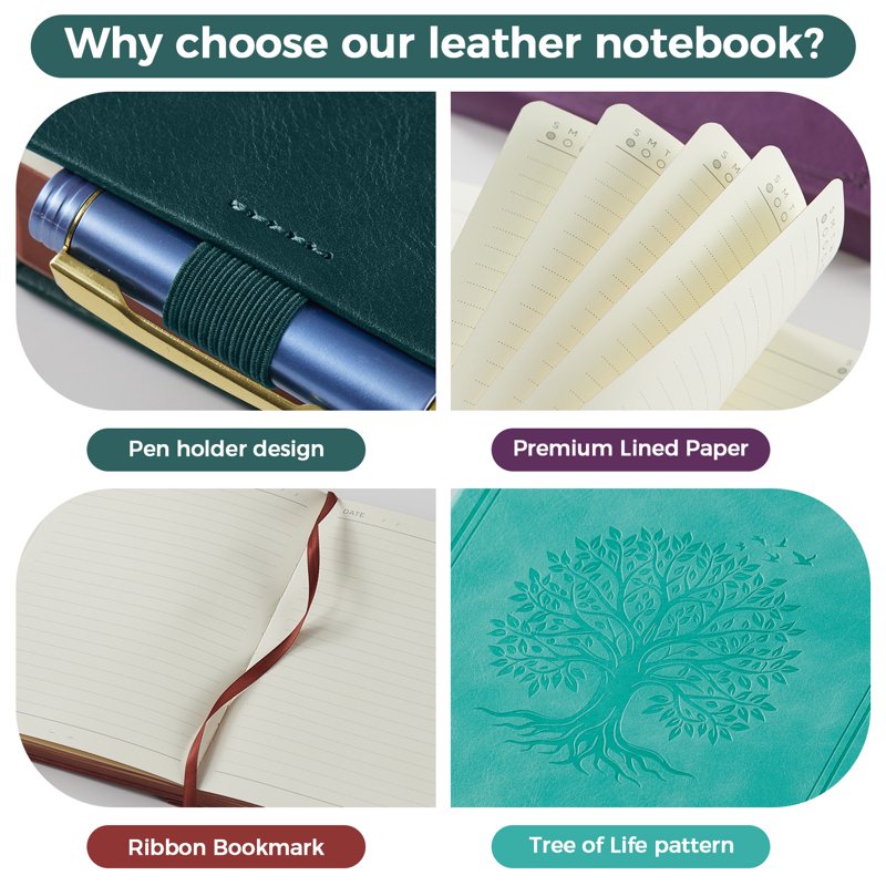 Vintage Leather Notebook Journal with Tree of Life Print - A5 Hardcover, 320 Pages, Thick Paper