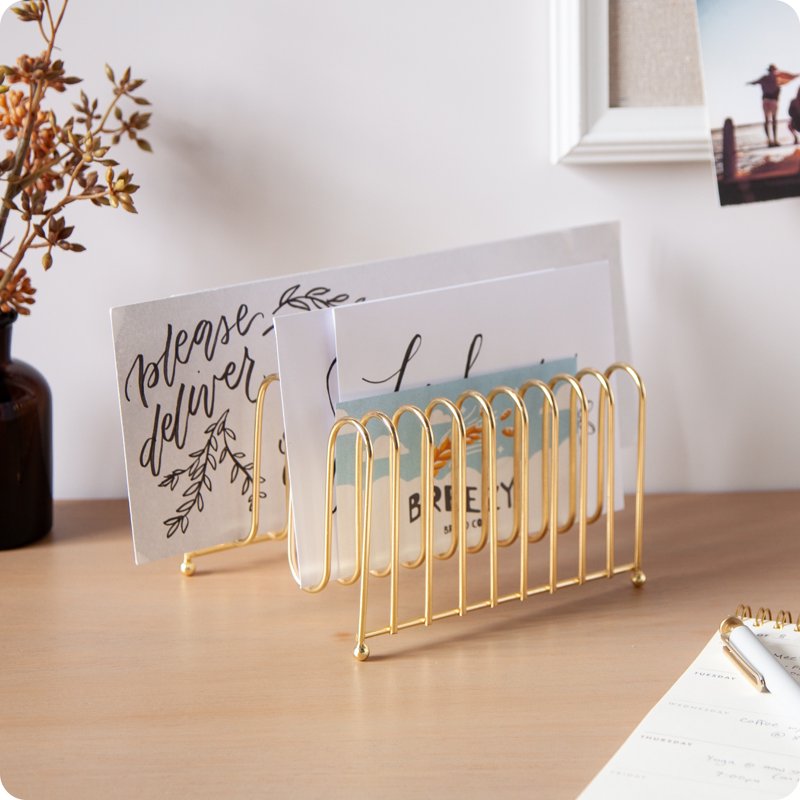 Wire Letter Organizer with Gold Finish - Desk Mail Sorter, Office & Home