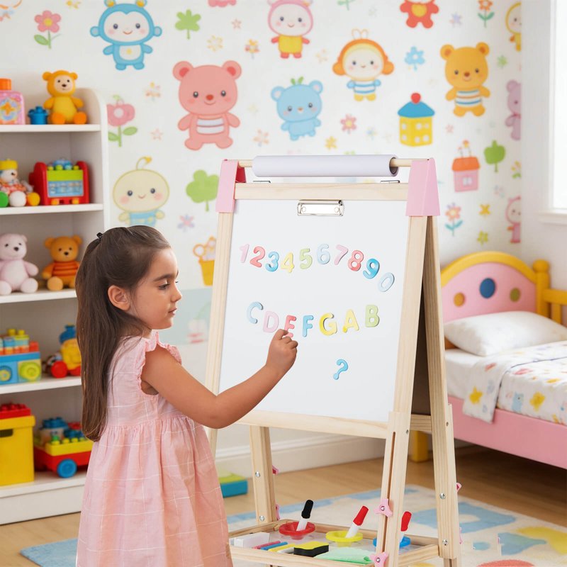 Kids 3-in-1 Wooden Art Easel with Magnetic Whiteboard & Chalkboard Pink