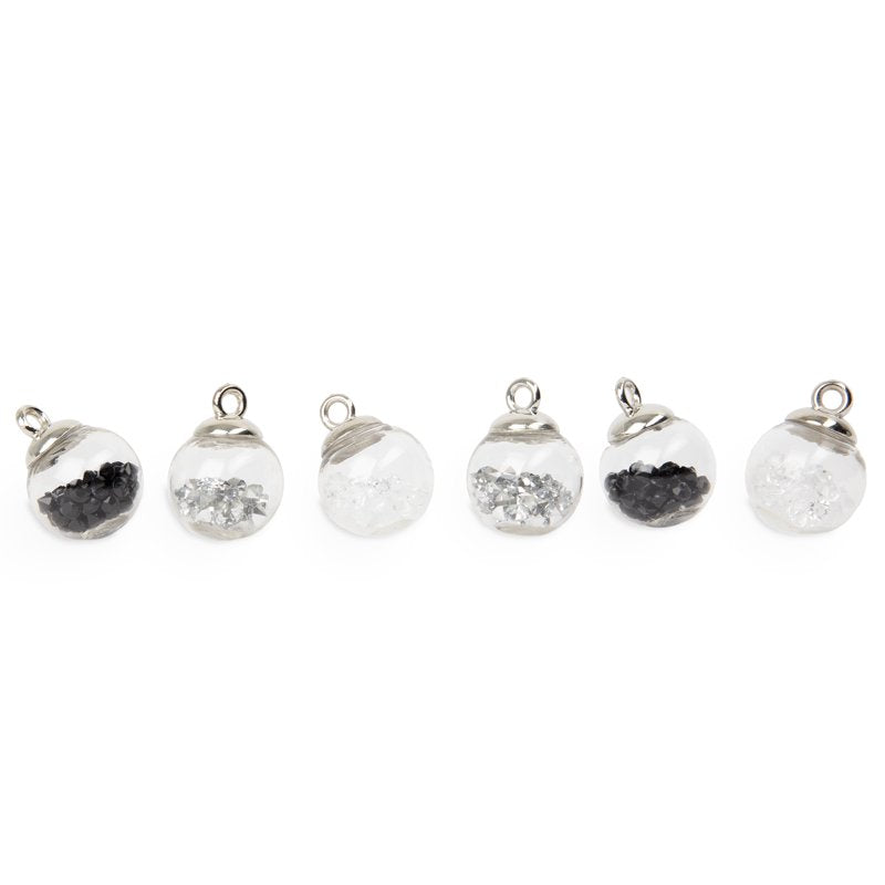 Glitter Globe Charms for Jewelry Making - Silver, Black & Clear 6-Piece Set