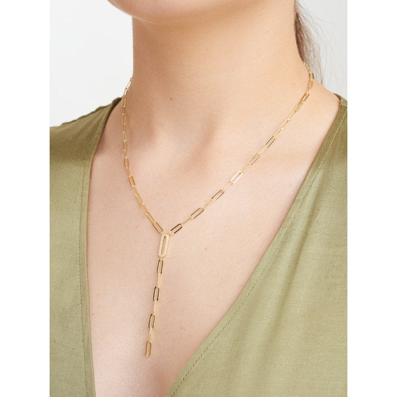 Gold & Silver CZ Paperclip Necklace 18-Inch Lariat with Extension - Hypoallergenic Jewelry for Women