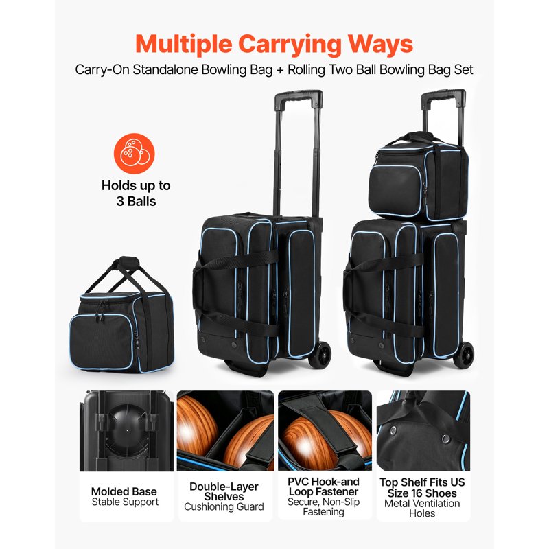 3-Ball Bowling Bag with Wheels, Shoe Compartment & Retractable Handle
