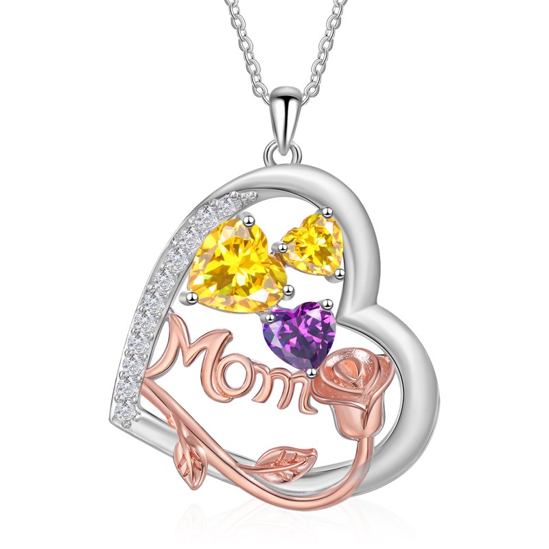 Personalized Brass Heart Necklace with Birthstones for Mom - Family Jewelry