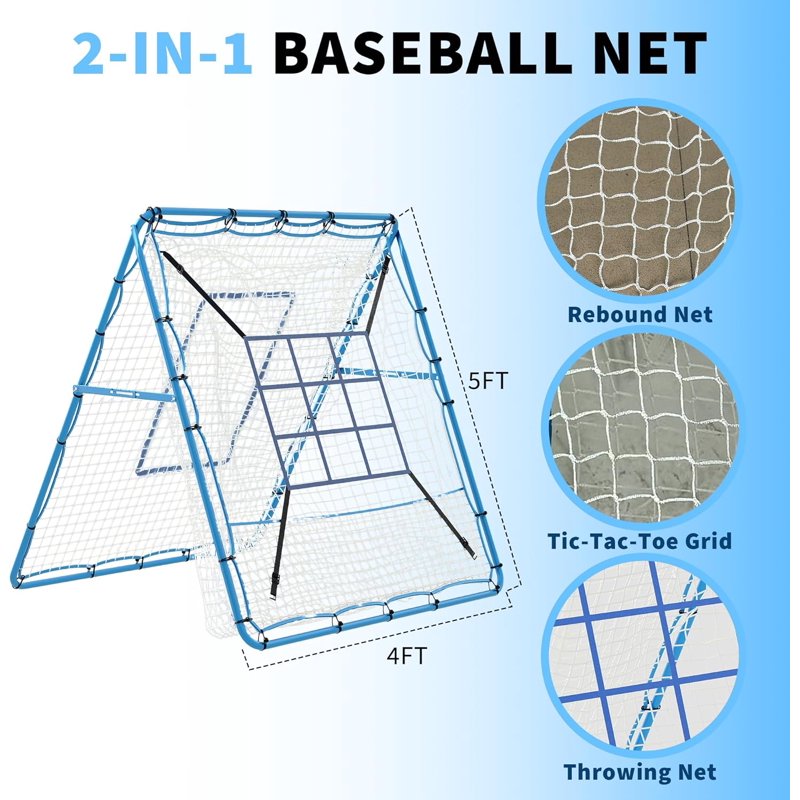 Baseball Rebounder Net with Batting Target, Adjustable Angle, 5x4 ft, Blue