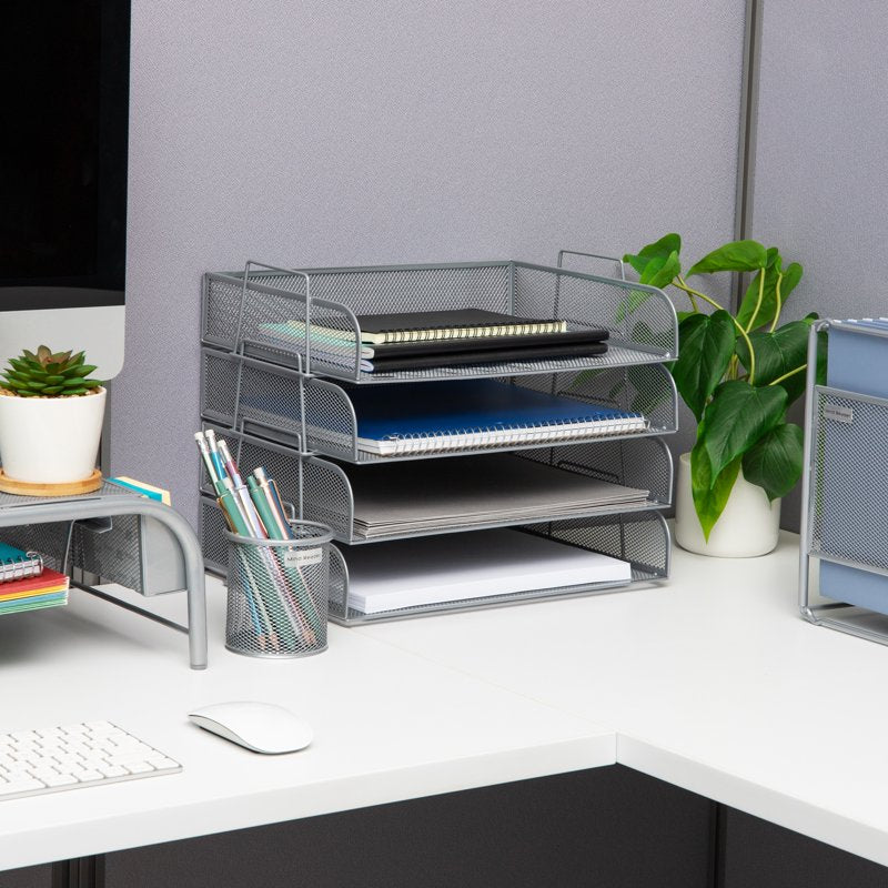 Stackable Desktop Organizer Tray Set - Metal Mesh File Holders, 4-Piece
