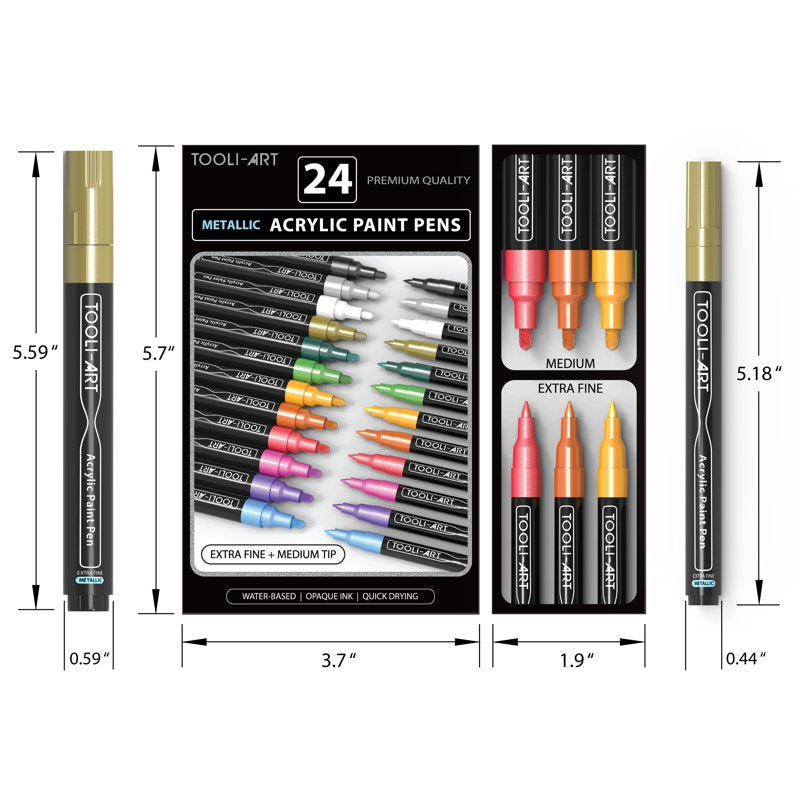 Metallic Acrylic Paint Pens Set for Rocks Glass Mugs - 24 Colors, Fine & Medium Tips