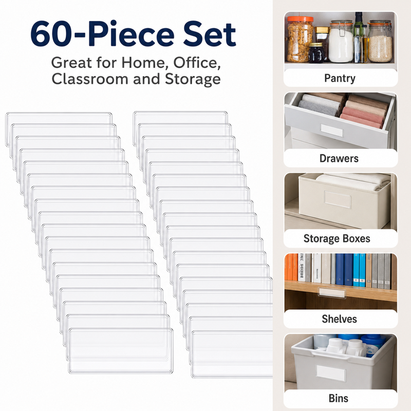 Clear Adhesive Shelf Label Holders for Organization - Pack of 60