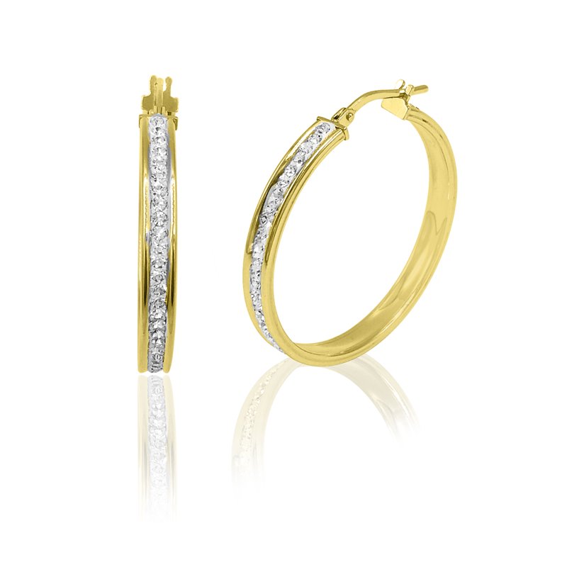 14K Gold Plated Sterling Silver Hoop Earrings with Crystals - Women's Classic Round Jewelry