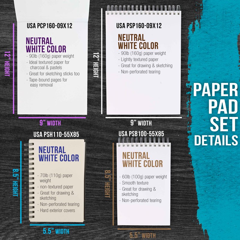 Art Supply Sketch & Drawing Paper Pads Set – 242 Sheets, Various Sizes & Styles