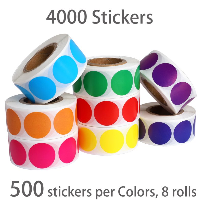 Multicolor Dot Stickers - 3/4 Inch Circle Labels for Organizing & Labeling, 8 Rolls, 4000 Count