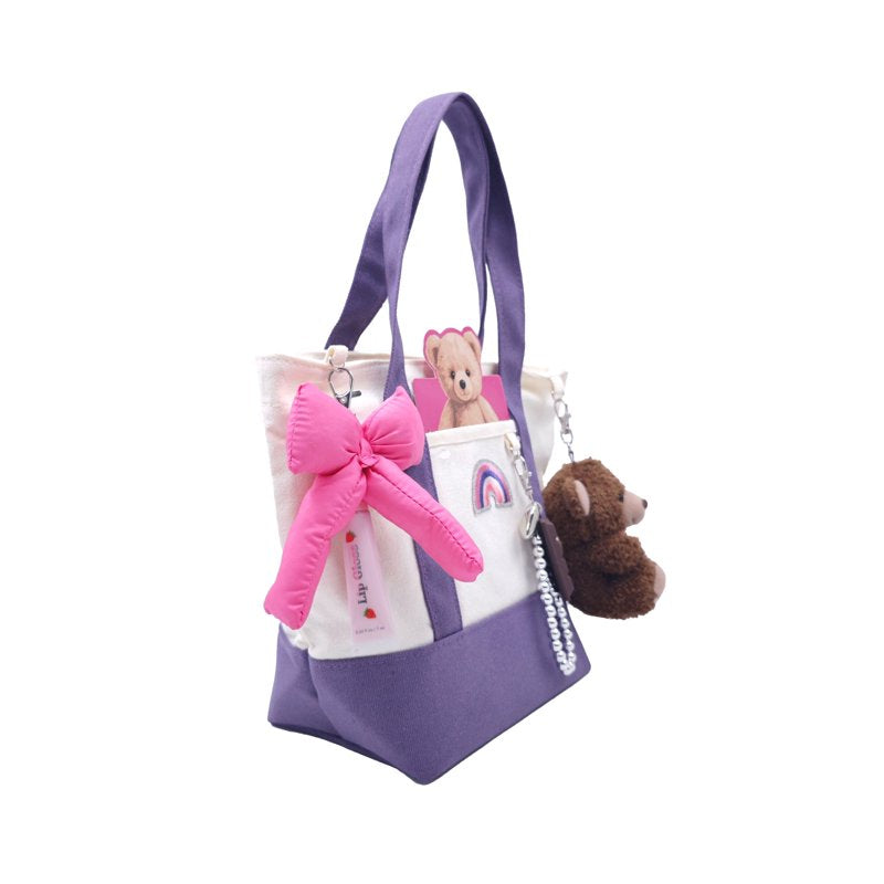 Kids Teddy Bear Mini Tote Bag with Front Pocket & Plush Keychain