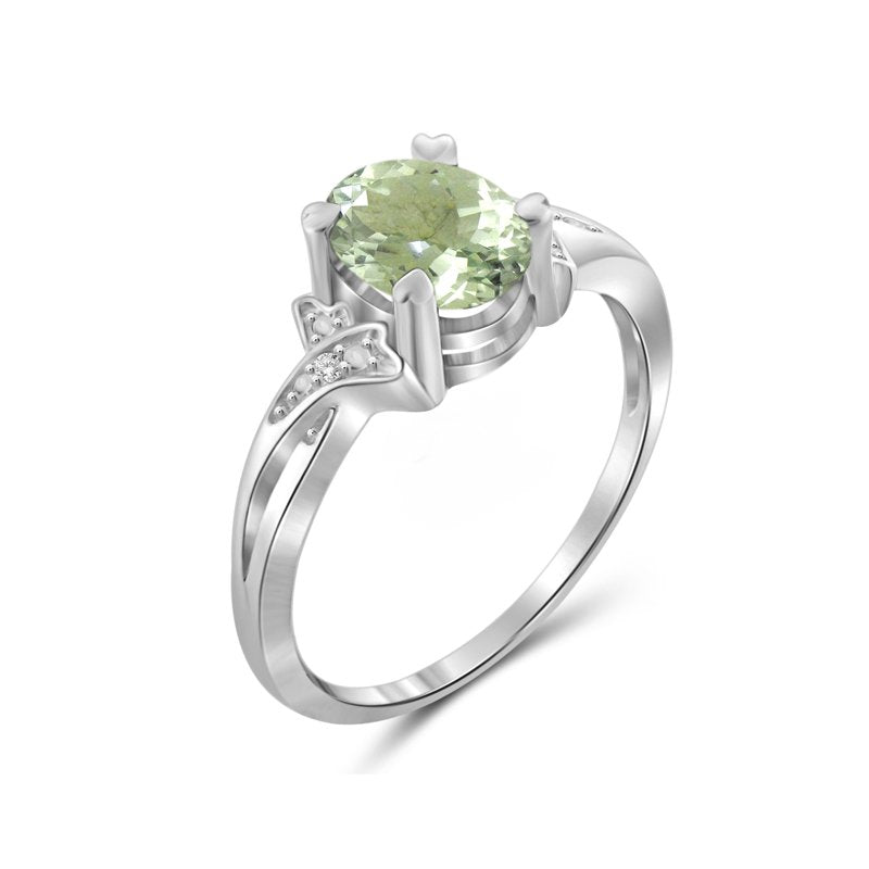 Green Amethyst Sterling Silver Ring with White Diamonds Birthstone Jewelry for Women