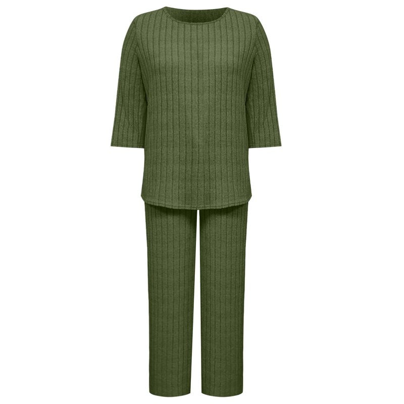 Women's Ribbed Knit Sweatsuit 2-Piece Set with Pockets - Casual Lounge & Activewear
