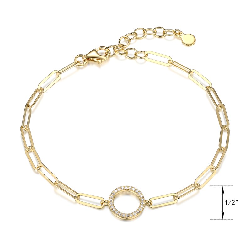 Gold Plated Paperclip Bracelet with Cubic Zirconia Circle for Women - Gift Ready