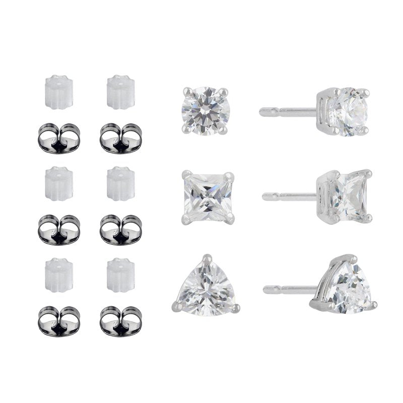 Multi Shape Simulated Diamond Earrings Set in Sterling Silver - 3 Pairs Jewelry Collection