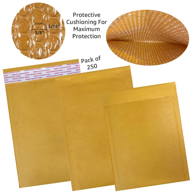 Self-Sealing Kraft Bubble Mailers 6x10 Inches Pack of 250 - Protective Shipping Envelopes