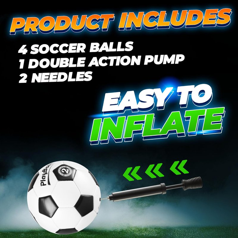 PlayBolt Youth Soccer Ball Size 2 – 4 Pack with Pump for Indoor & Outdoor Play
