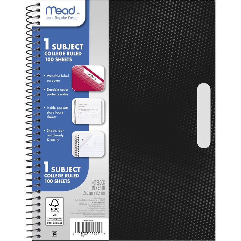 1 Subject Spiral Notebook - College Ruled, 8.5 x 11 Inches, Black, 100 Sheets