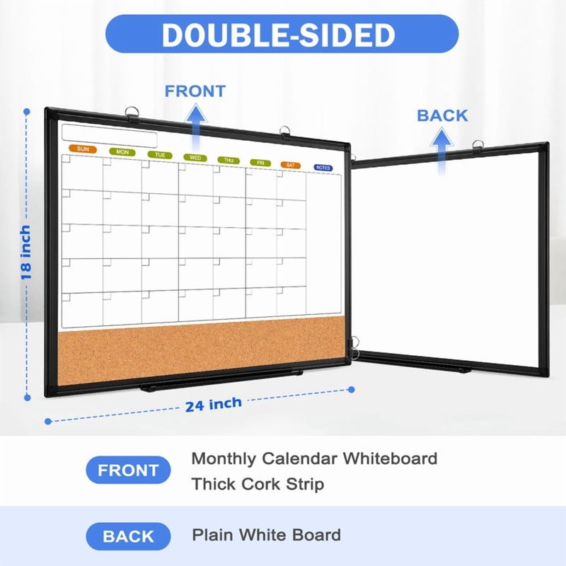 Magnetic Whiteboard Calendar & Cork Board Combo - 24x18, 36x24 Inches, Double-Sided Wall Mount