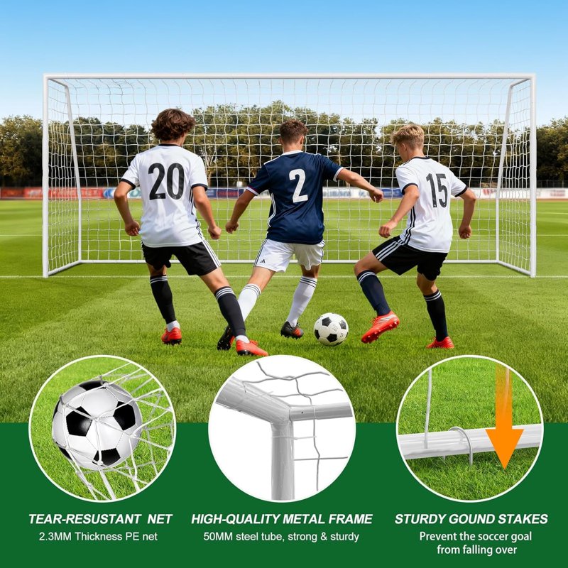 ABORON 18' x 7' Backyard Soccer Goal with Steel Frame & Net - White