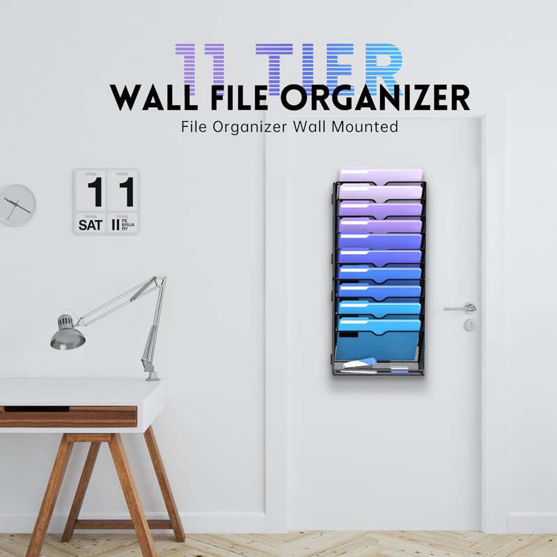 11-Tier Wall File Holder Organizer - Metal Wall Mount Hanging Office Storage