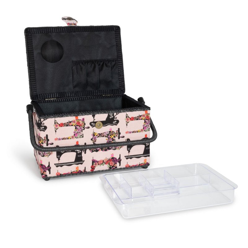 Large Pink Sewing Basket with Floral Print and Removable Tray