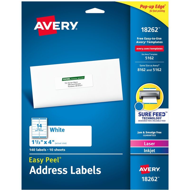 Avery Address Labels 1-1/3" x 4" Matte White Laser Inkjet 140 Labels 5 Pack