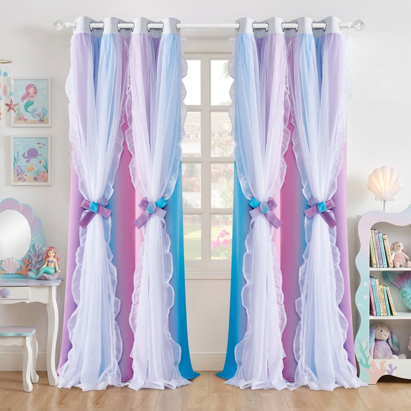 Colorful Rainbow Double Layer Room Darkening Curtains for Kids Bedroom